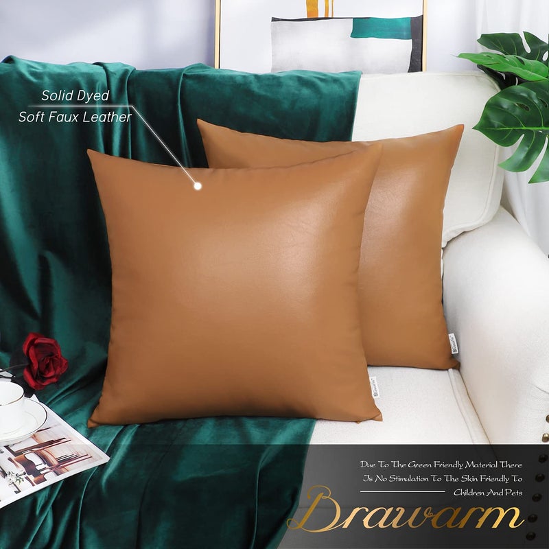 BRAWARM Faux Leather Throw Pillow Covers 20 X 20 Inches - Tan Leather Pilow Covers Pack of 2, Solid Dyed Leather Pillowcases for Couch Bed Sofa Garden Home Decorative - Image 2
